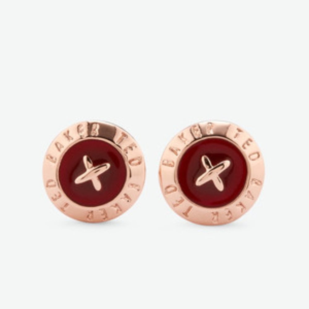 Ted Baker Elody BURGUNDY and ROSE GOLD Enamel Button Earrings